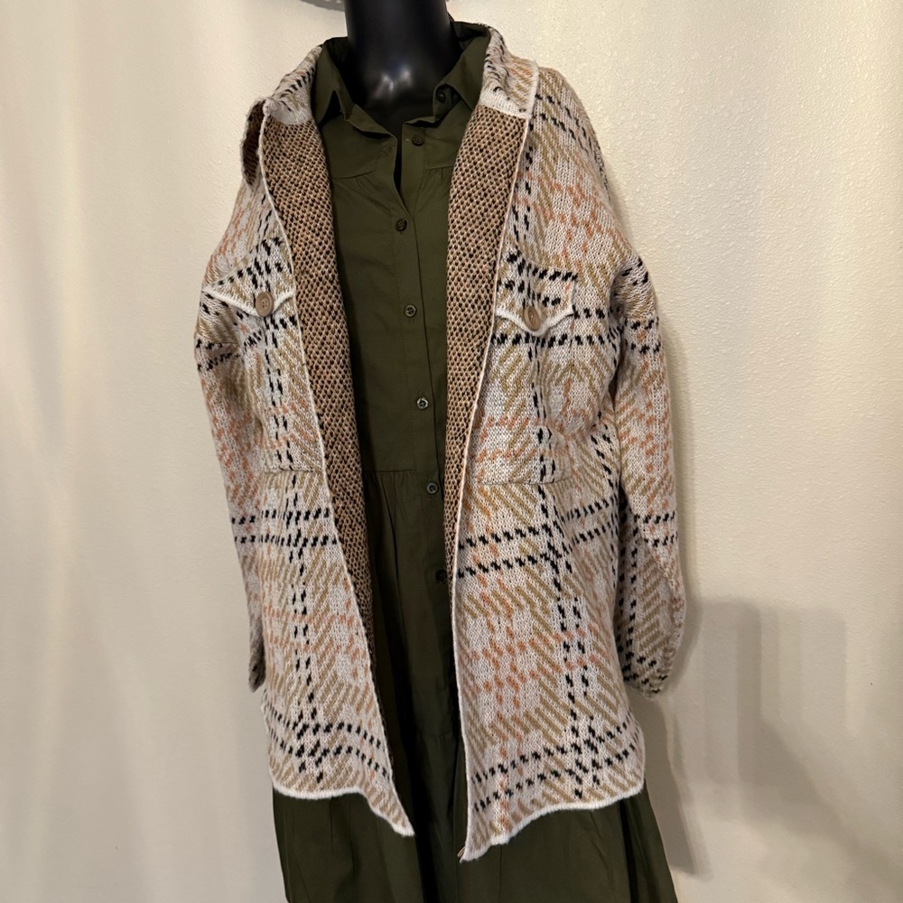 Plaid Women's Cardigan Sweater - Cream and Tan - Picture 2 of 15
